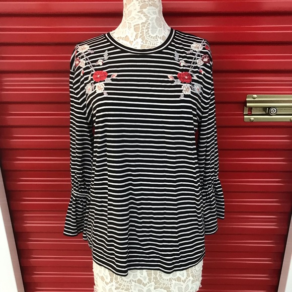 LOFT Embroidered Striped Bell Sleeves Tee Size L - Picture 5 of 8